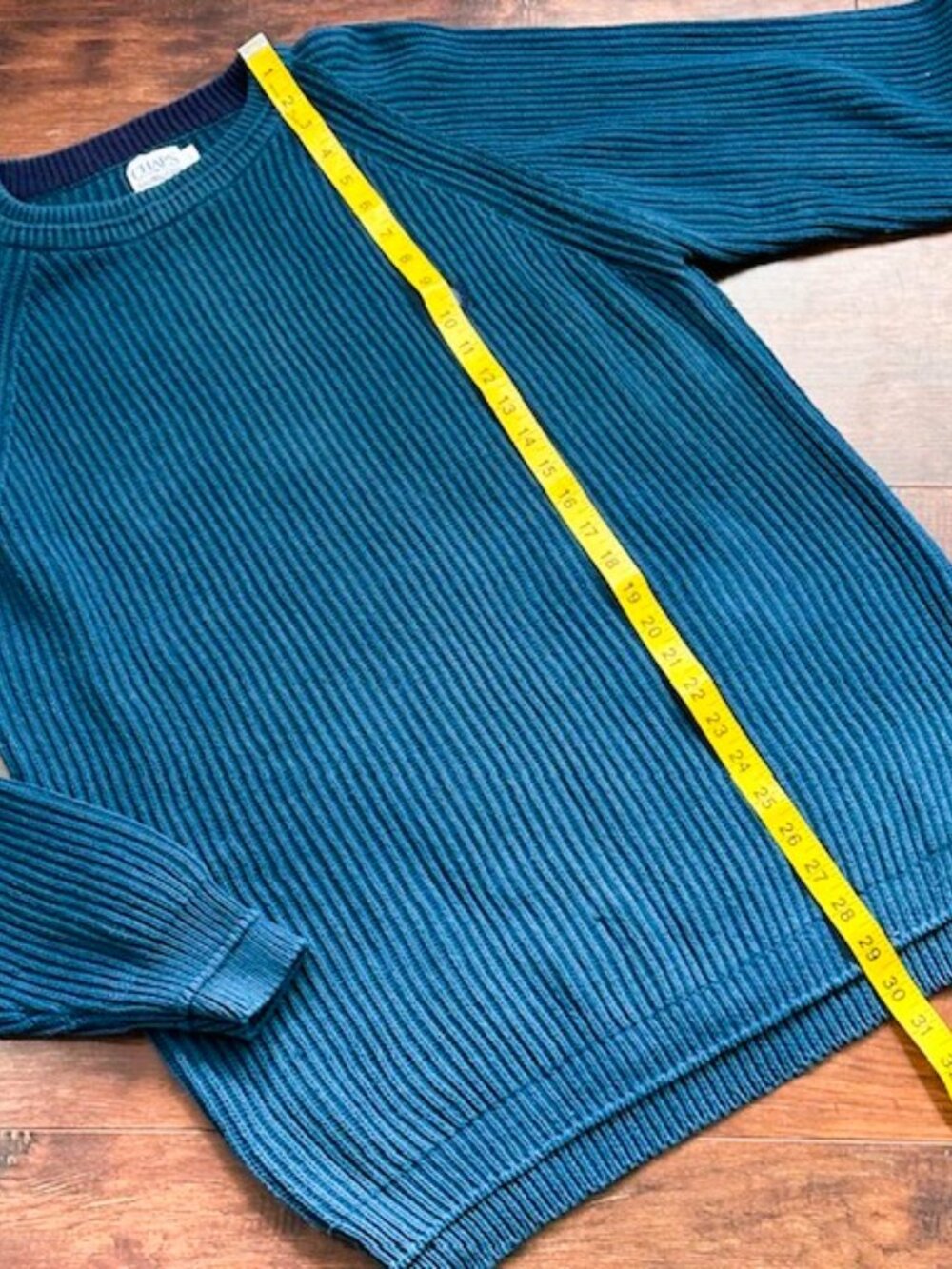 Vintage Chaps Ralph Lauren Teal Ribbed Raglan Knit Sweater Large Cotton Crest - Picture 12 of 13